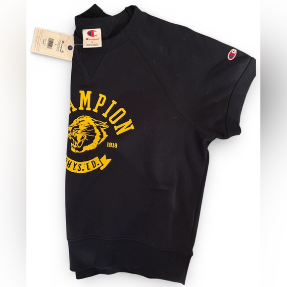 Champion Women’s Short Sleeve Navy Sweatshirt with Yellow Logo - Picture 4 of 4